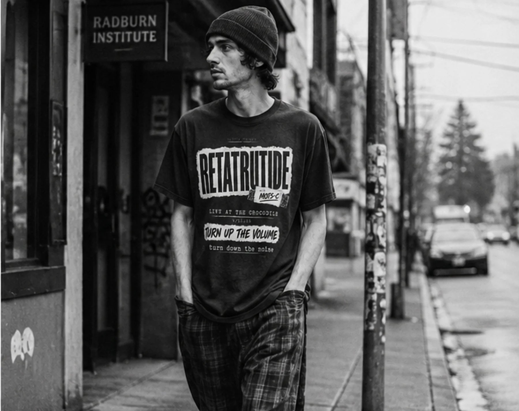 Model wearing the current Retatrutide Live at the Crocodile garment
