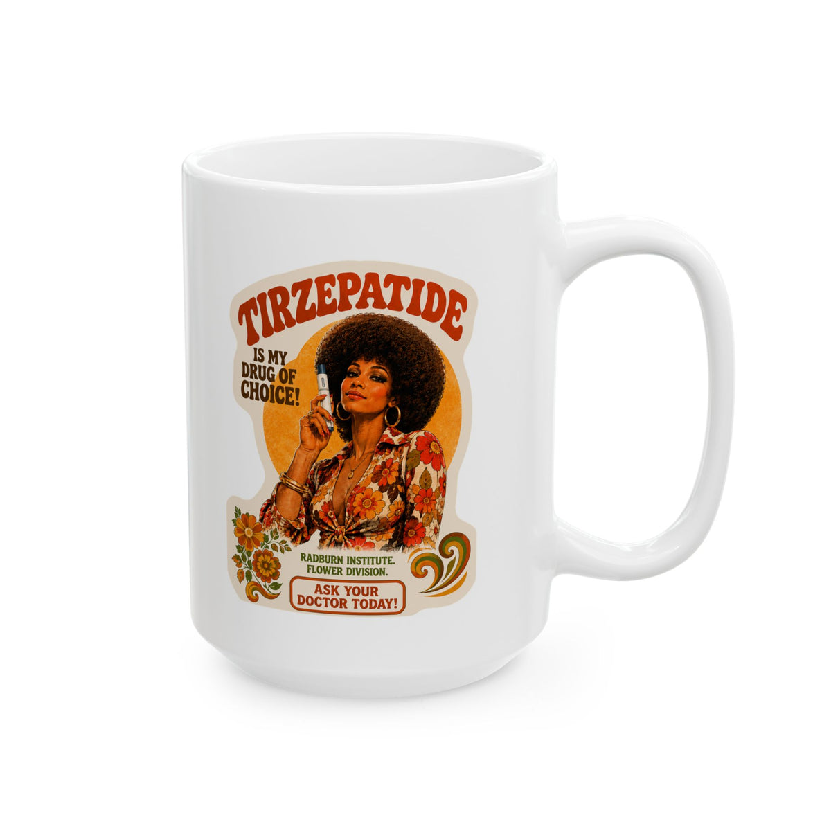 White Tirzepatide Mug — No Mustache showing the illustrated design | color:all