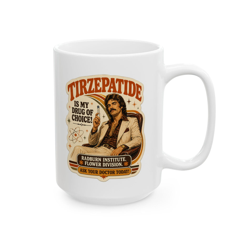White Tirzepatide Mug — Mustache showing the illustrated design | color:all