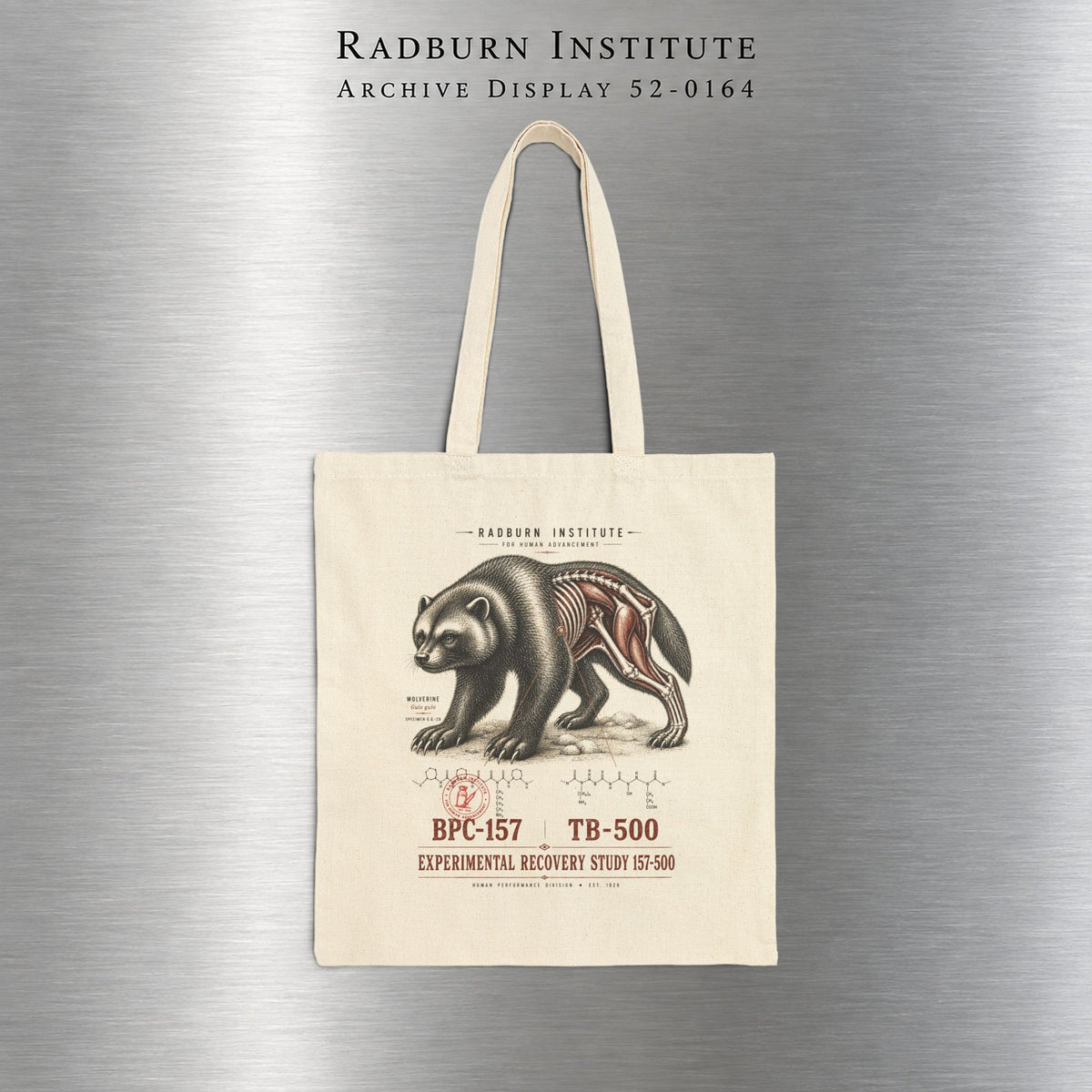 Natural Wolverine Study Tote showing its printed design and long handles | color:Natural