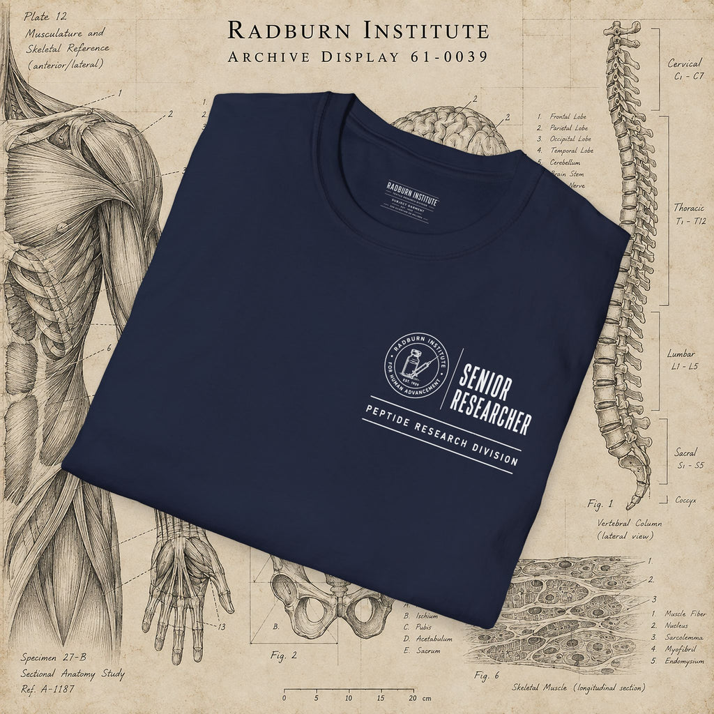 Folded navy Senior Researcher Identification Garment showing the printed design | color:Navy