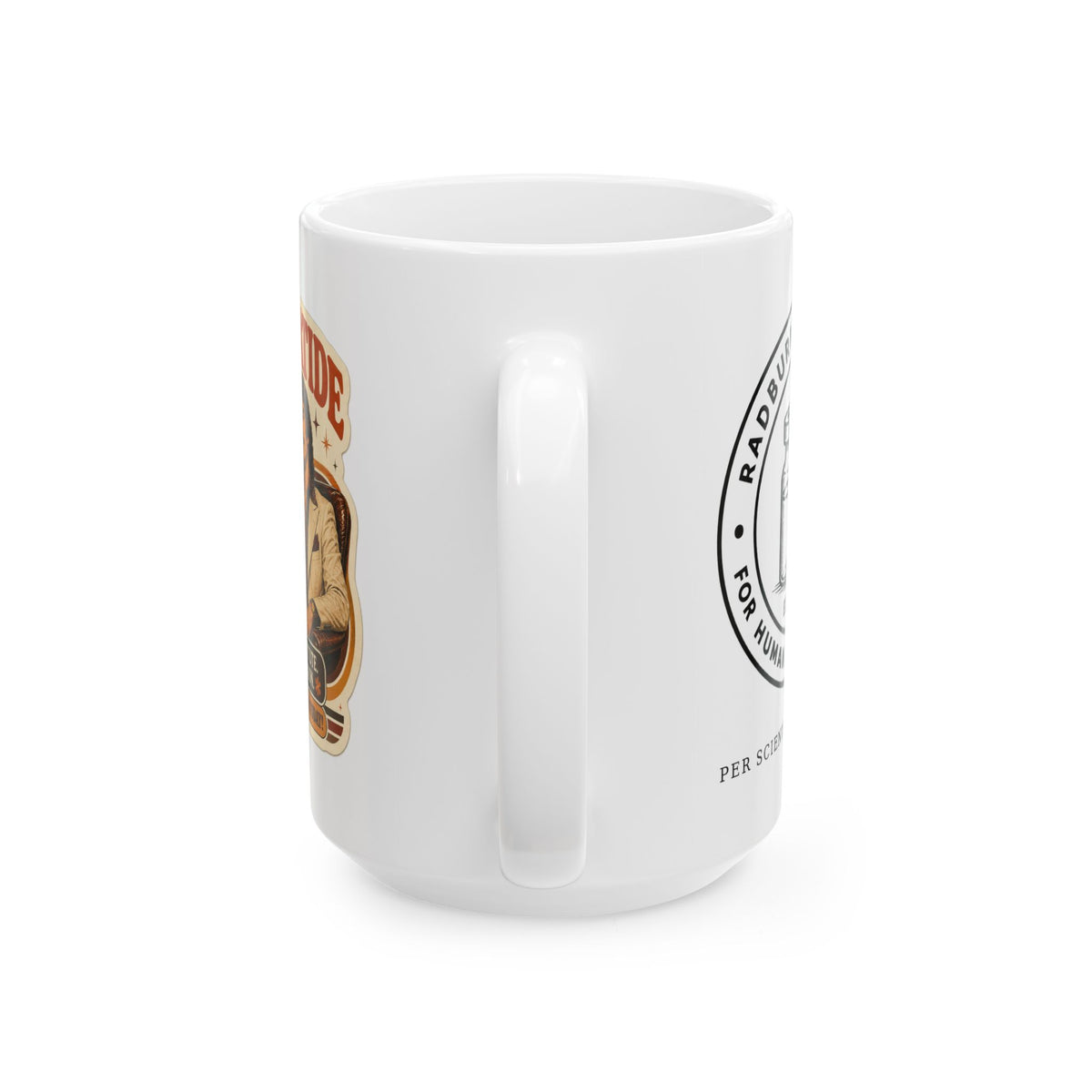 Handle view of white Tirzepatide Mug — Mustache with artwork visible on both sides | color:all