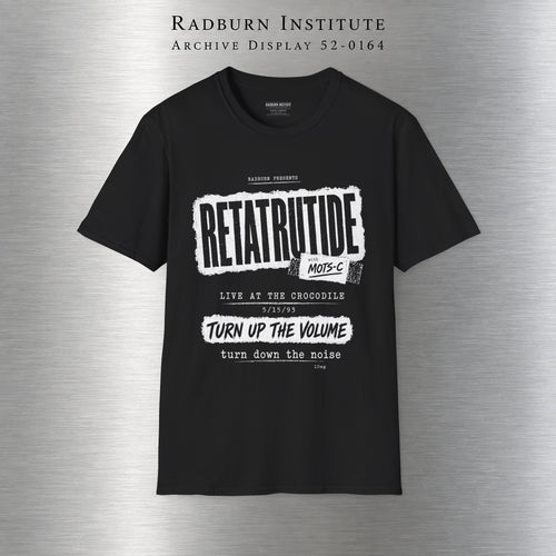 black Retatrutide — Live at the Crocodile, front view laid flat on a display background | color:Black