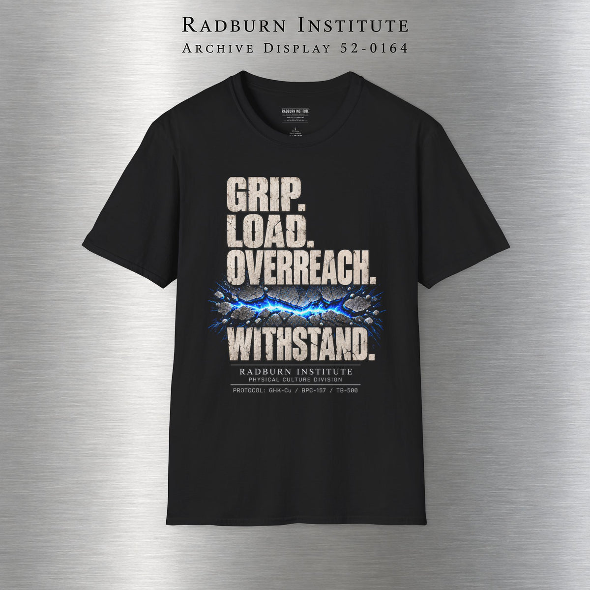 black Withstand. A GLOW T-Shirt, front view laid flat on a display background | color:Black