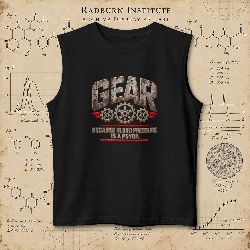 black Gear Muscle Tank, front view laid flat on a display background | color:Black
