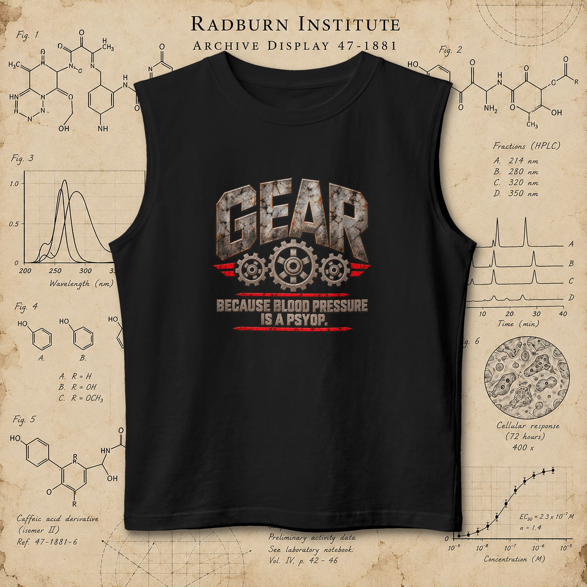 black Gear Muscle Tank, front view laid flat on a display background | color:Black