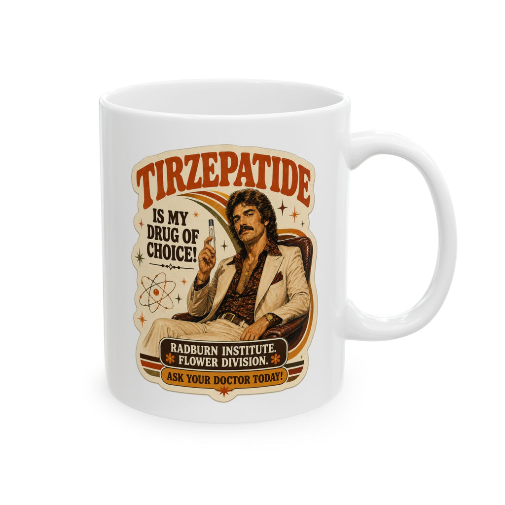 White Tirzepatide Mug — Mustache showing the illustrated design | color:all