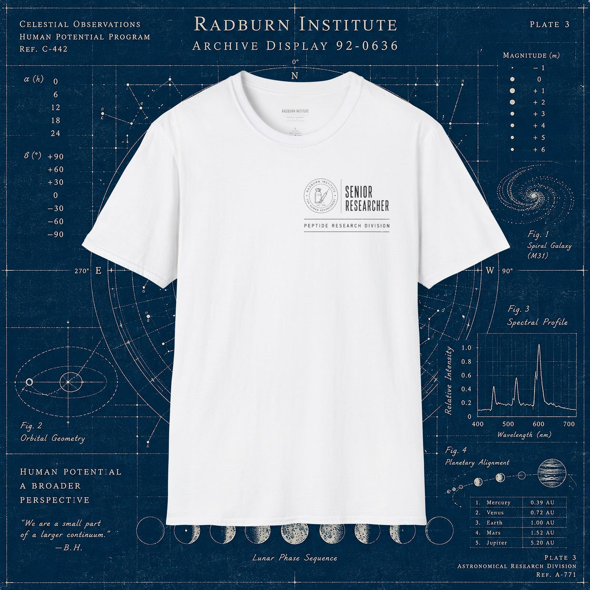 white Senior Researcher Identification Garment, front view laid flat on a display background | color:White