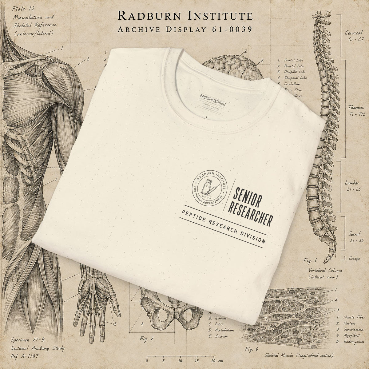 Folded natural Senior Researcher Identification Garment showing the printed design | color:Natural