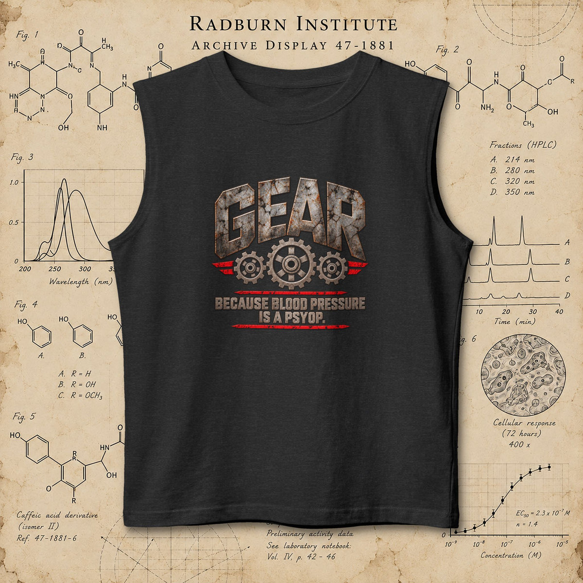 dark grey heather Gear Muscle Tank, front view laid flat on a display background | color:Dark_Grey_Heather
