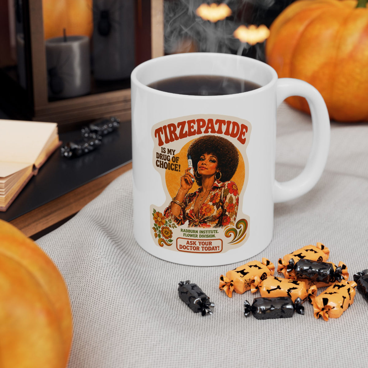 White Tirzepatide Mug — No Mustache beside pumpkins and small decorative spiders | color:all