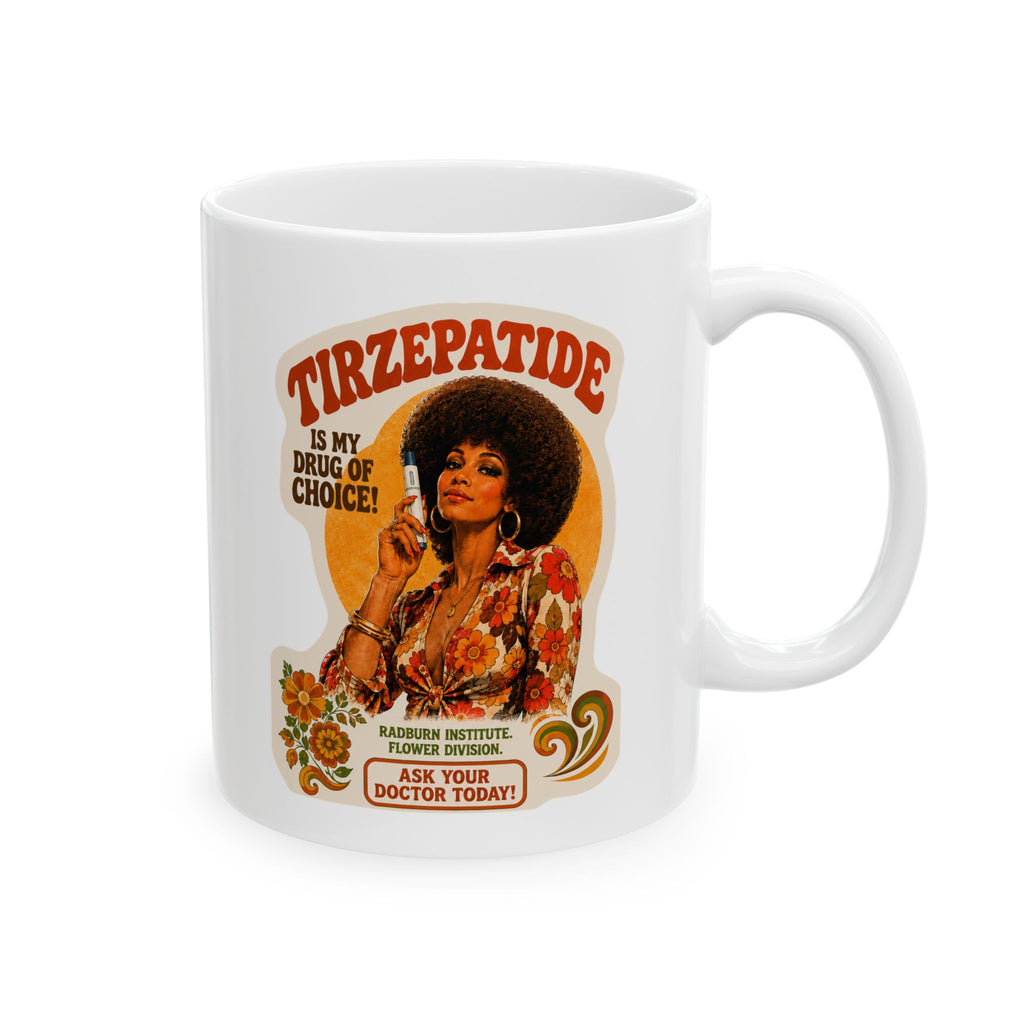 White Tirzepatide Mug — No Mustache showing the illustrated design | color:all