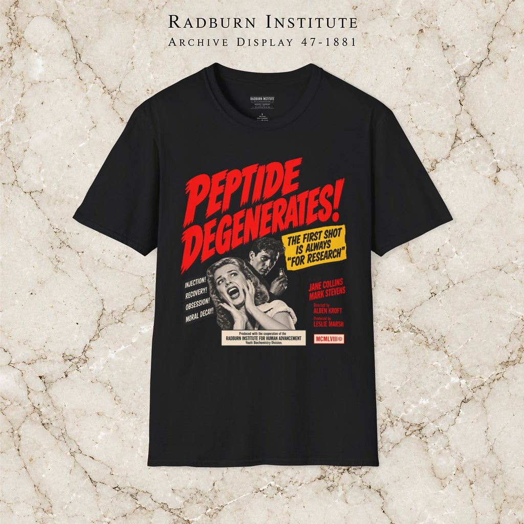 black Peptide Degenerates, front view laid flat on a display background | color:Black
