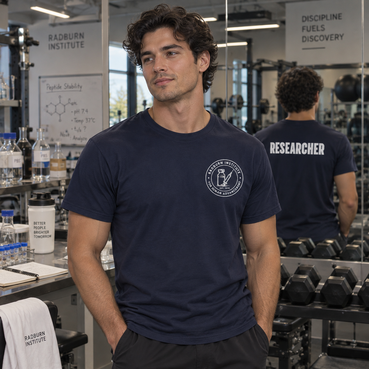 Man wearing a navy Researcher Identification Garment with its back visible behind him | color:Navy