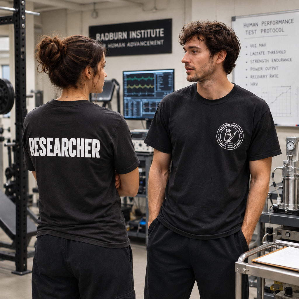Two researchers showing the front and back of black Researcher Identification Garments | color:Black