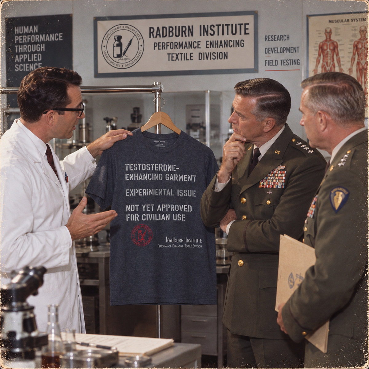 Vintage inspection scene featuring a heather navy Testosterone-Enhancing Garment | color:Heather_Navy