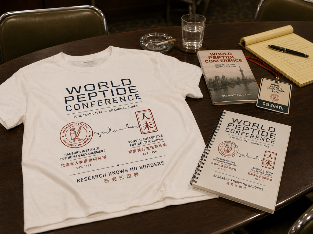 Natural World Peptide Conference 1974 Garment displayed with conference materials | color:Natural