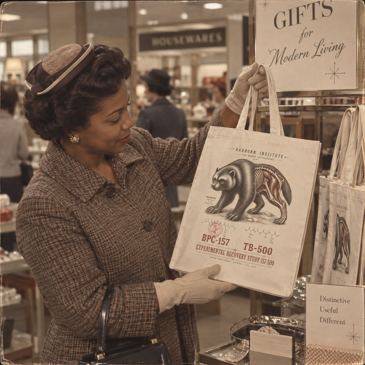 Vintage-style photograph of a woman examining a Natural Wolverine Study Tote in a store | color:Natural