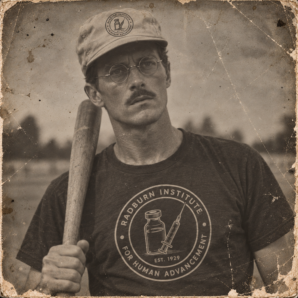 Vintage-style baseball portrait of a player wearing a Radburn Institute Seal Garment | color:all