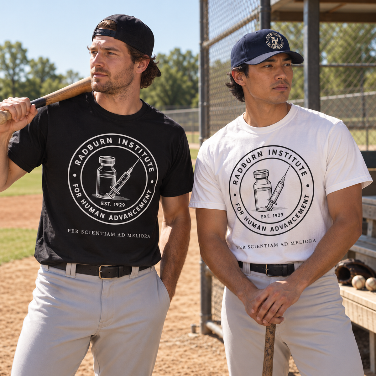 Two baseball players wearing black and white Radburn Institute Seal Garments | color:White