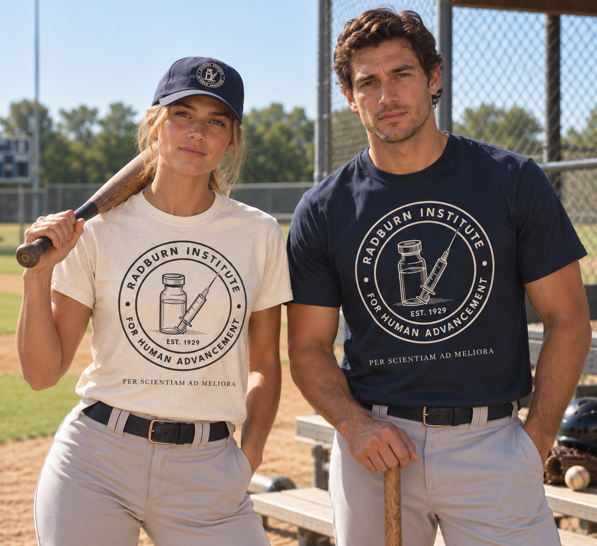 Two baseball players wearing natural and navy Radburn Institute Seal Garments | color:Navy