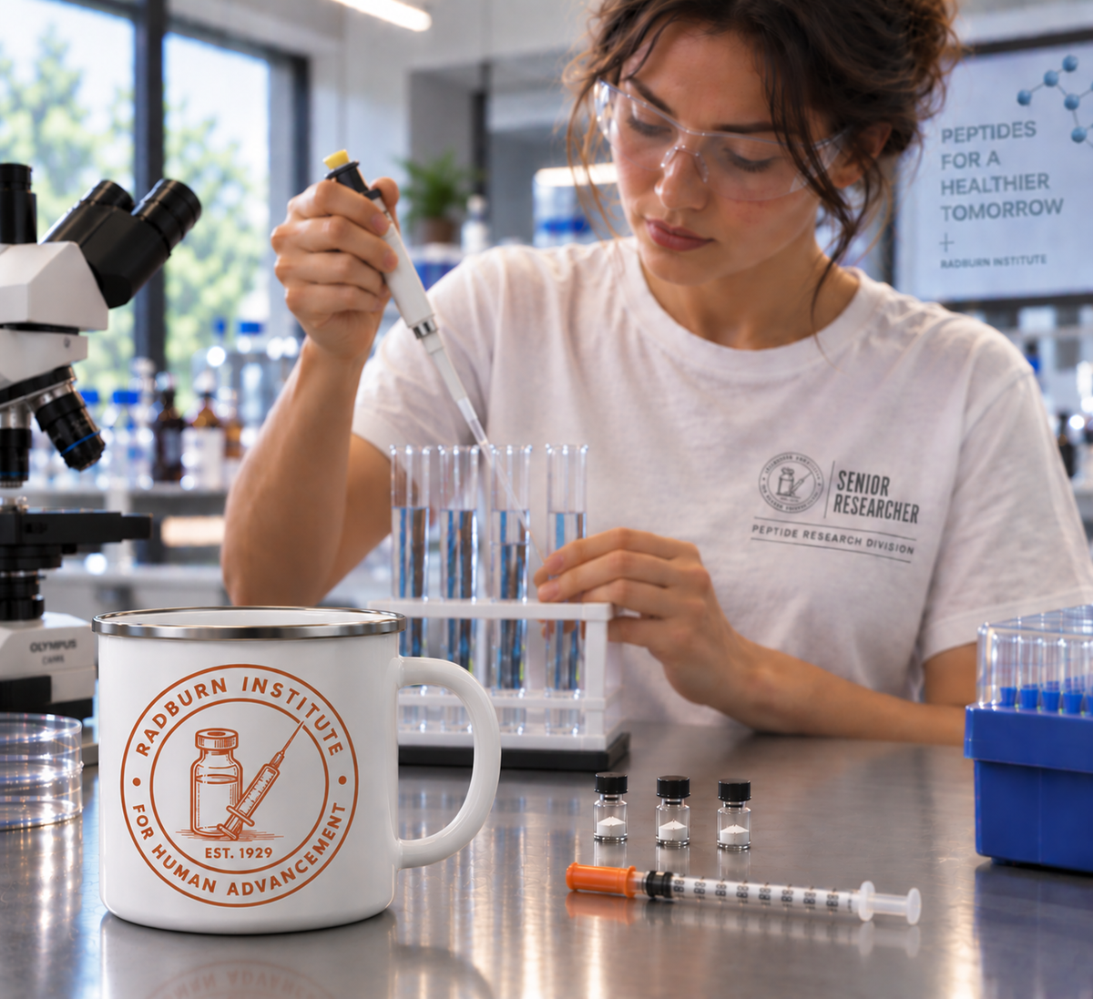 White Radburn seal mug on a laboratory bench beside a woman pipetting into test tubes | color:all