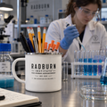 White Radburn wordmark mug holding pens and pencils on a laboratory bench | color:all