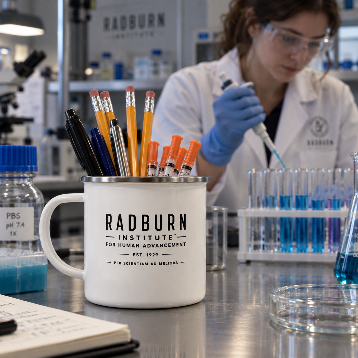 White Radburn wordmark mug holding pens and pencils on a laboratory bench | color:all