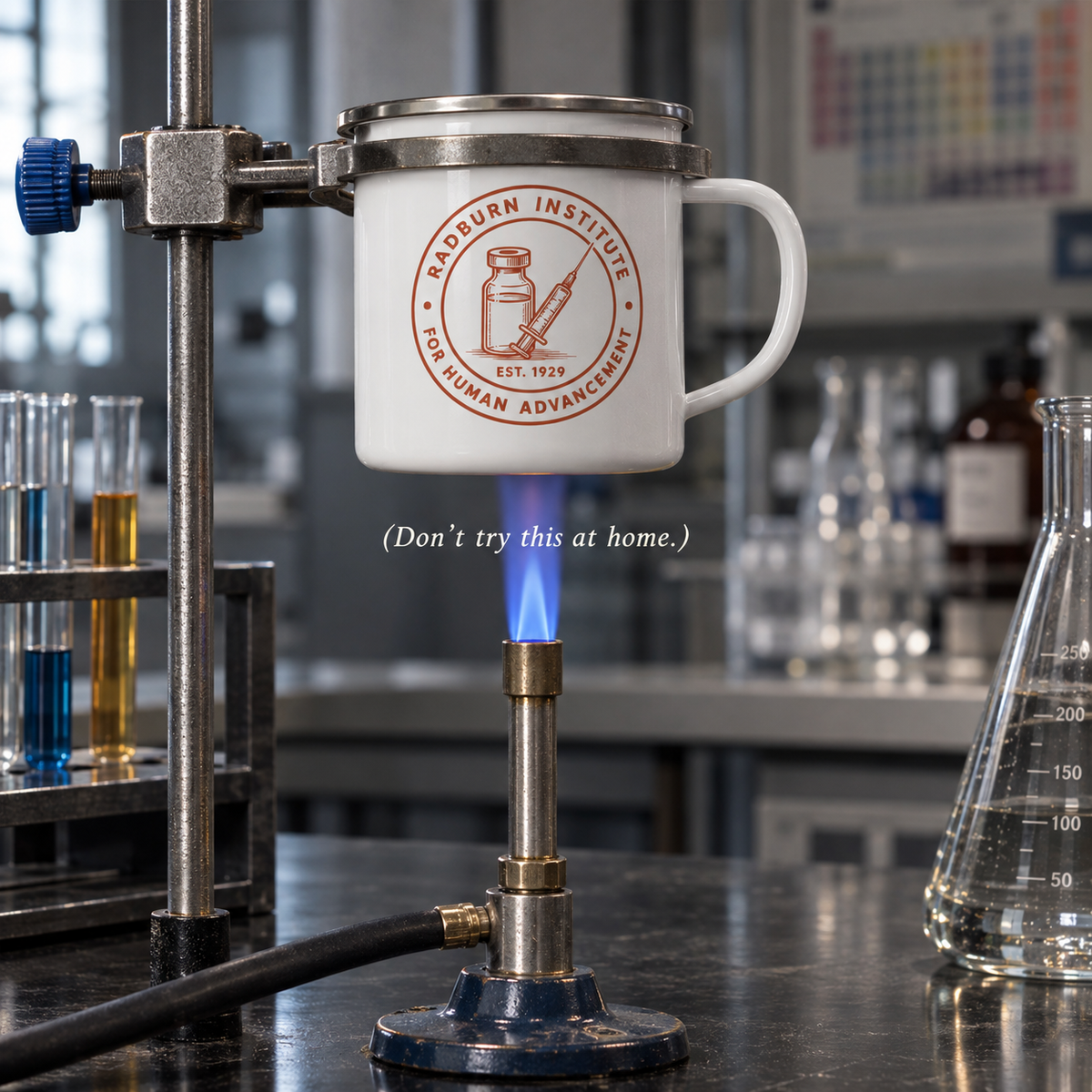 White Radburn seal mug suspended above a laboratory burner | color:all