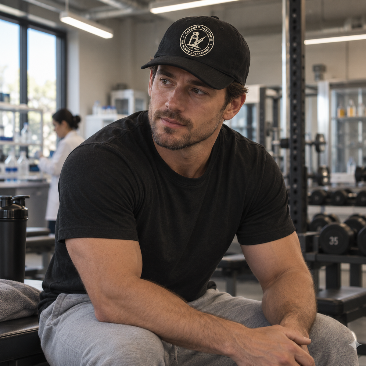 Man wearing a black Radburn seal cap in a laboratory gym | color:Black