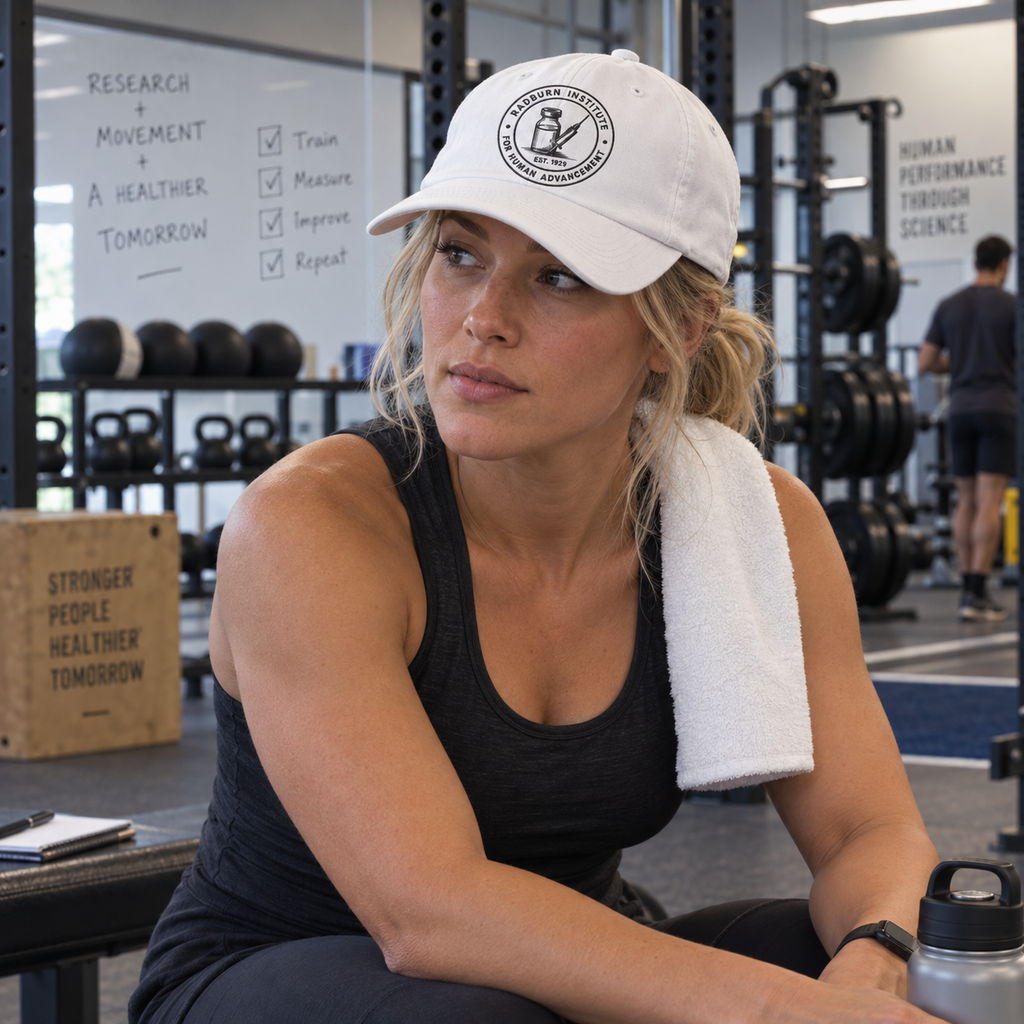 Woman wearing a white Radburn seal cap in a laboratory gym | color:White