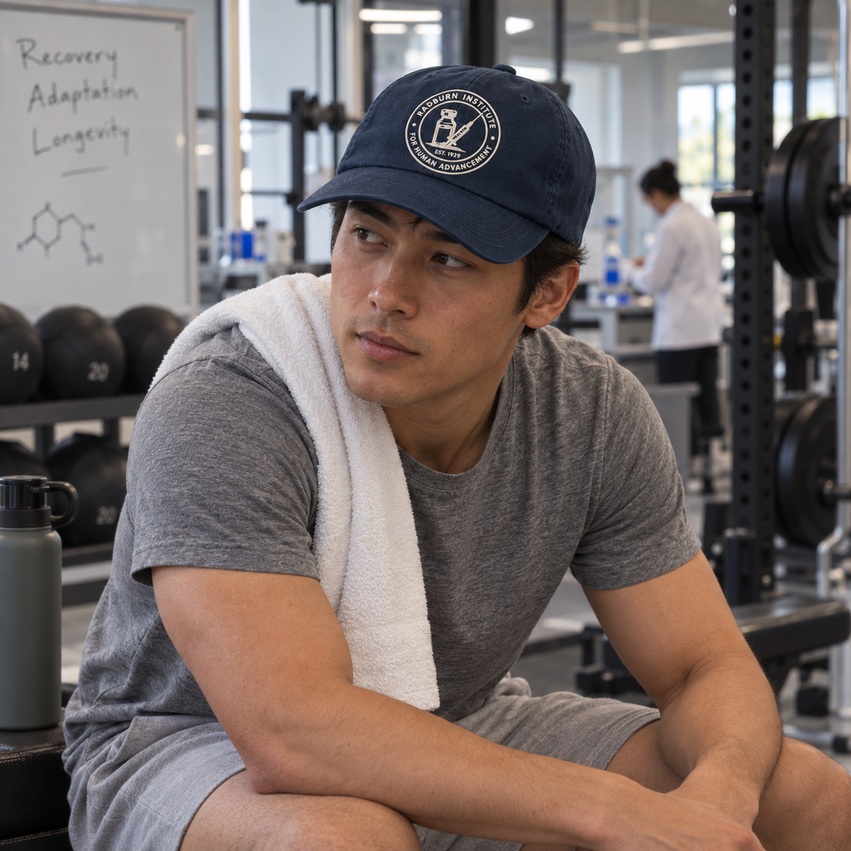 Man wearing a navy Radburn seal cap in a laboratory gym | color:Navy