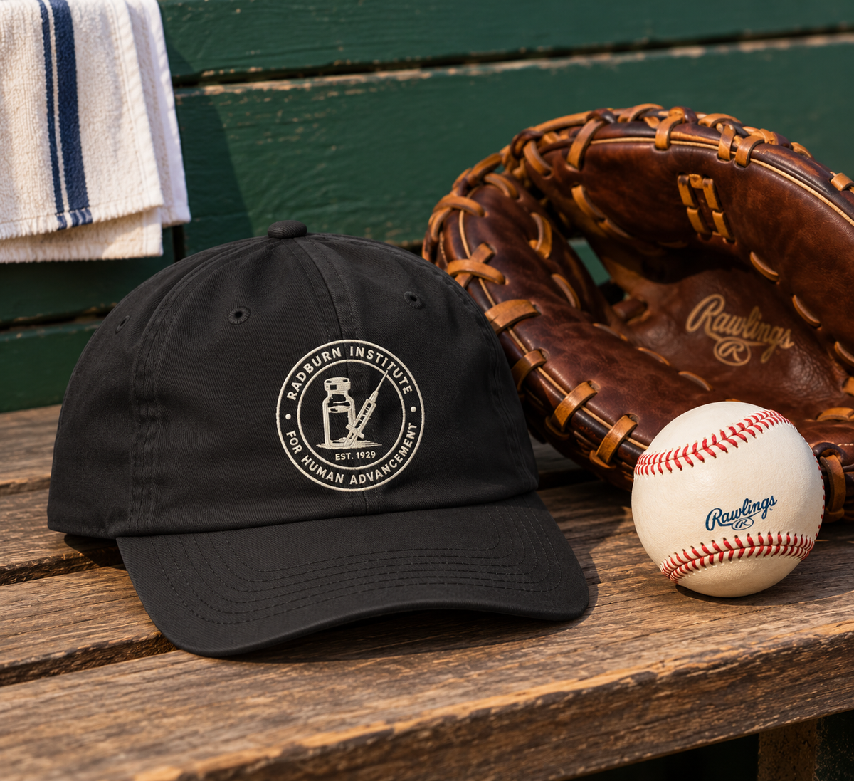 black Radburn seal cap on a wooden bench beside a baseball and glove | color:Black