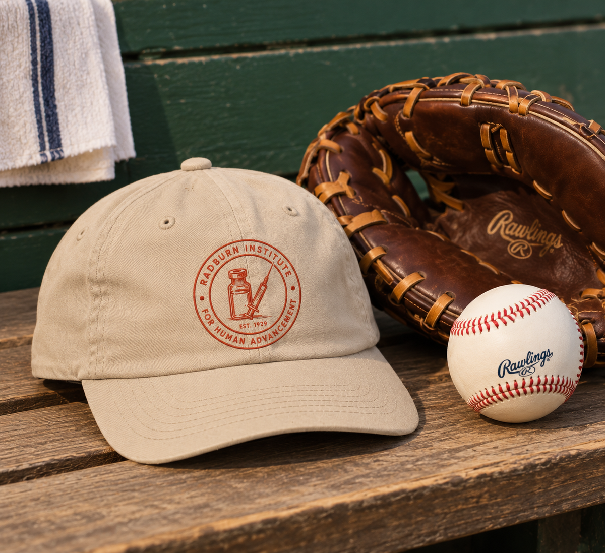 stone Radburn seal cap on a wooden bench beside a baseball and glove | color:Stone