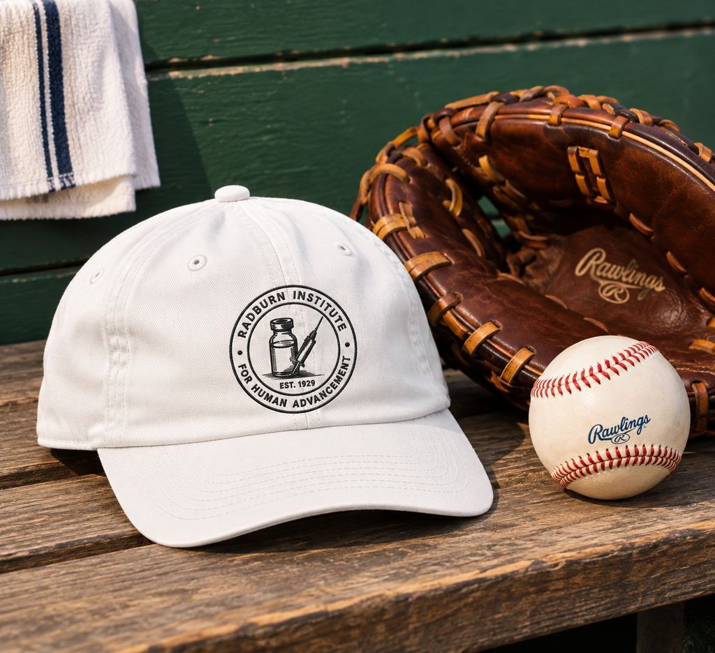 white Radburn seal cap on a wooden bench beside a baseball and glove | color:White