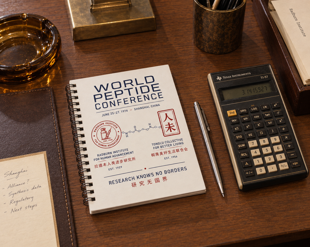 World Peptide Conference 1974 spiral notebook on a desk beside a calculator and pen | color:all