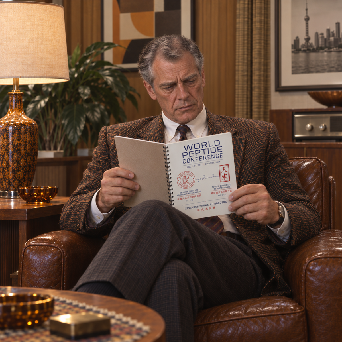Man reading the World Peptide Conference 1974 notebook in an armchair | color:all