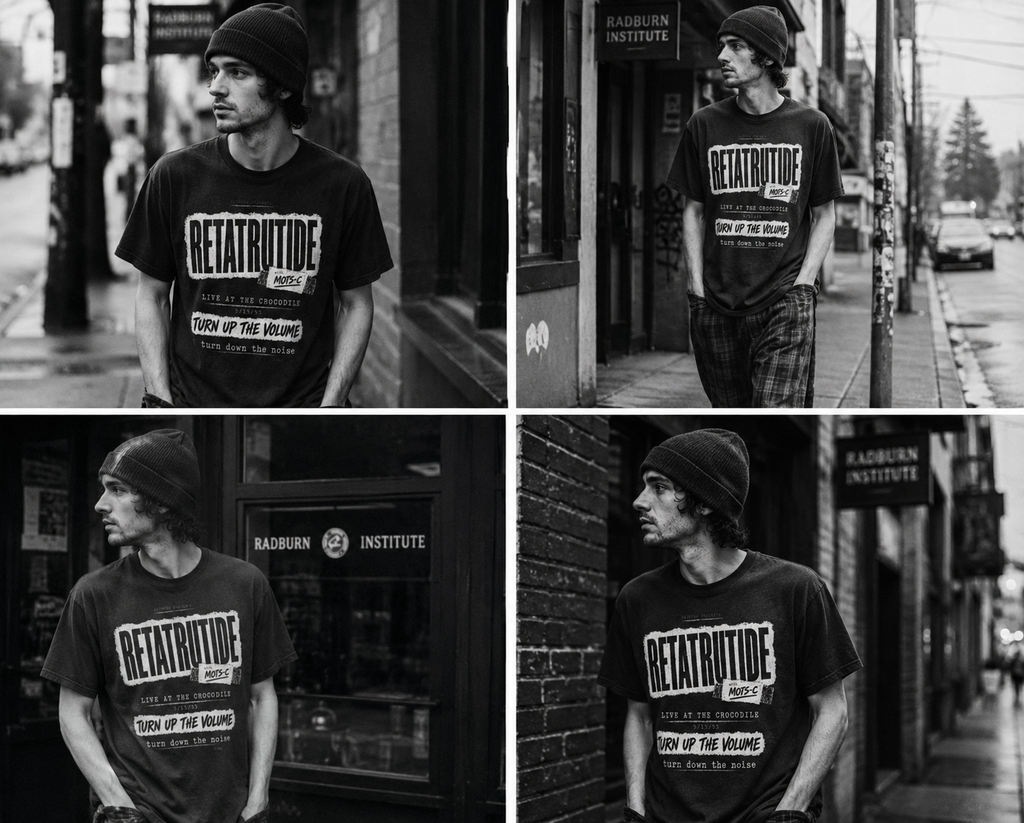 Four black-and-white street portraits of a man wearing a Retatrutide shirt | color:Black
