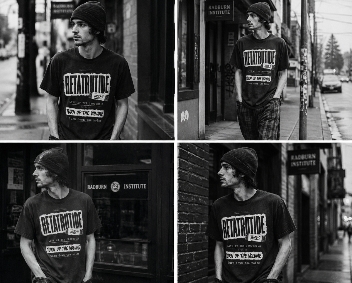 Four black-and-white street portraits of a man wearing a Retatrutide shirt | color:Black