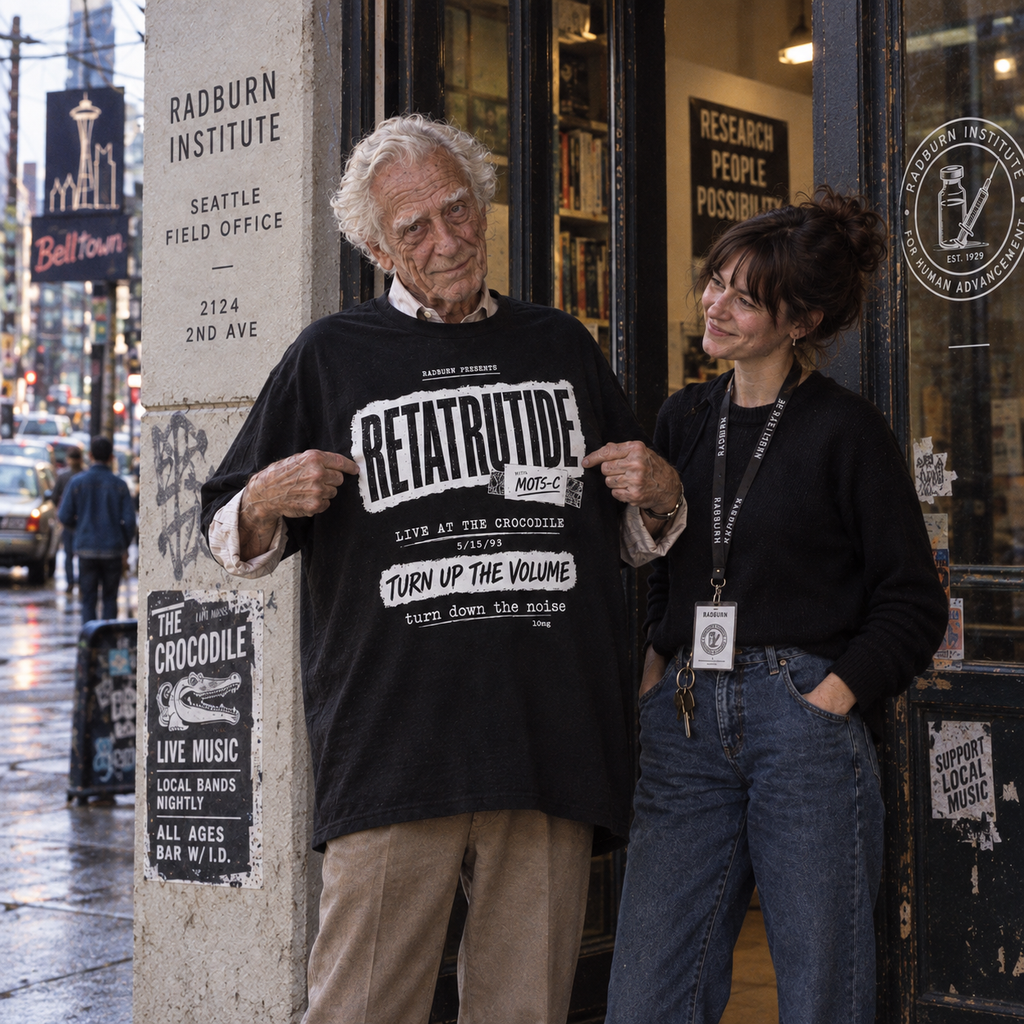 Older man displays a black Retatrutide shirt beside a woman outside a storefront | color:Black