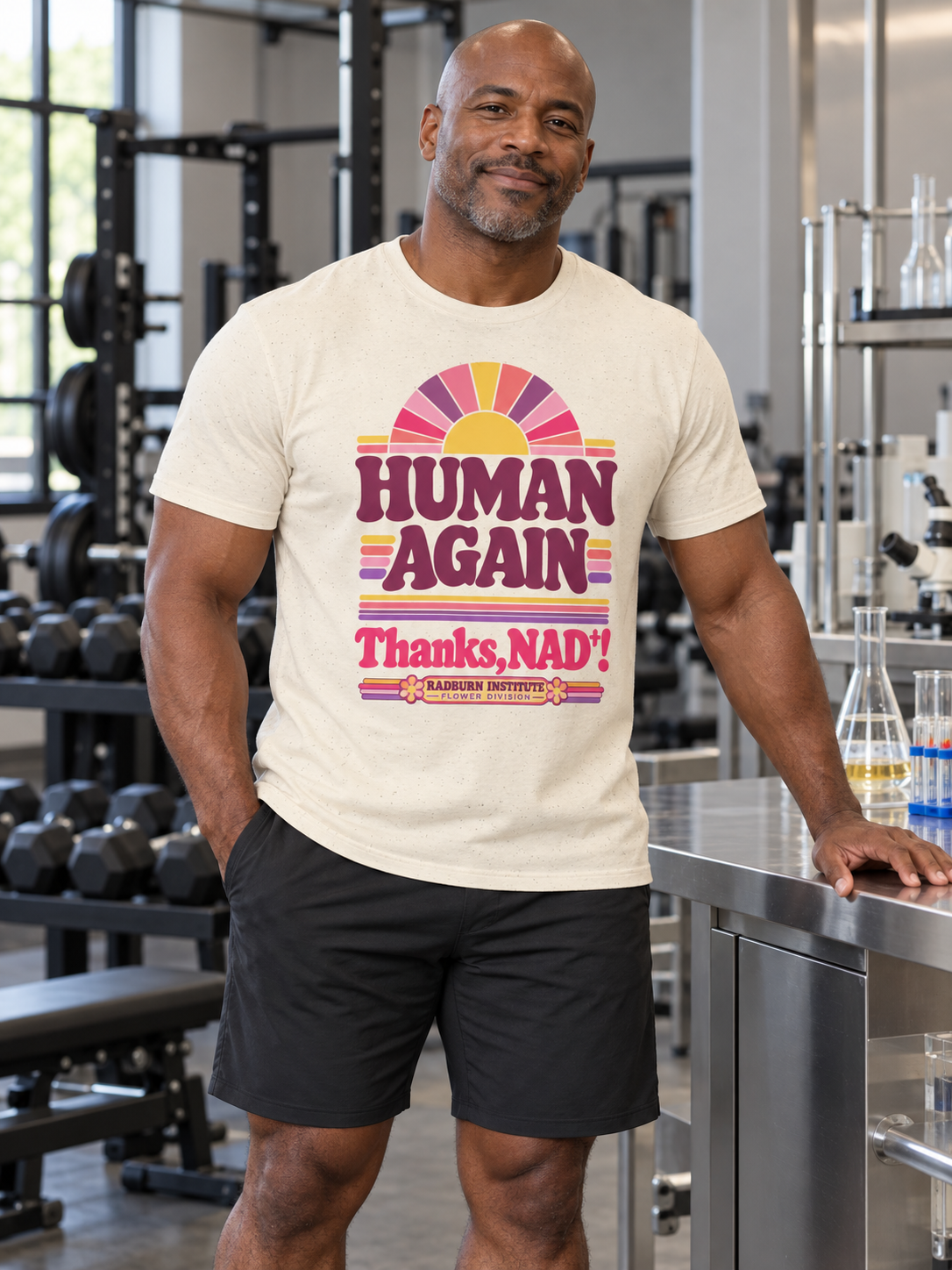 Man wearing natural Human Again NAD+ T-shirt in a laboratory gym | color:Natural