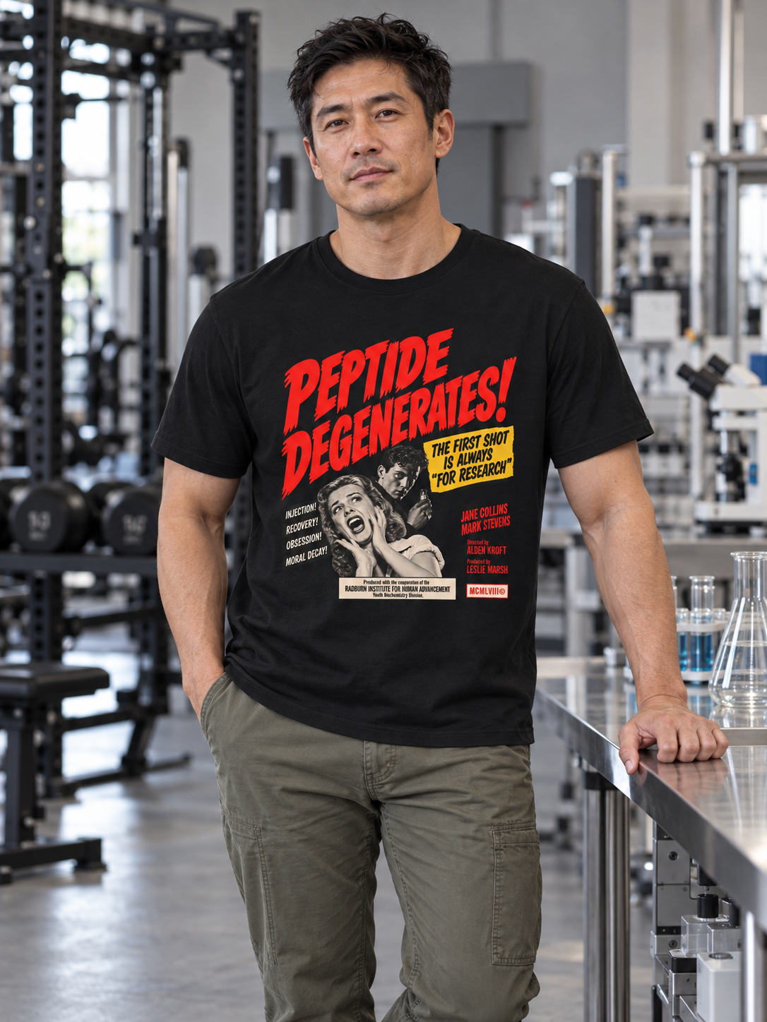 Man wearing black Peptide Degenerates in a laboratory gym | color:Black