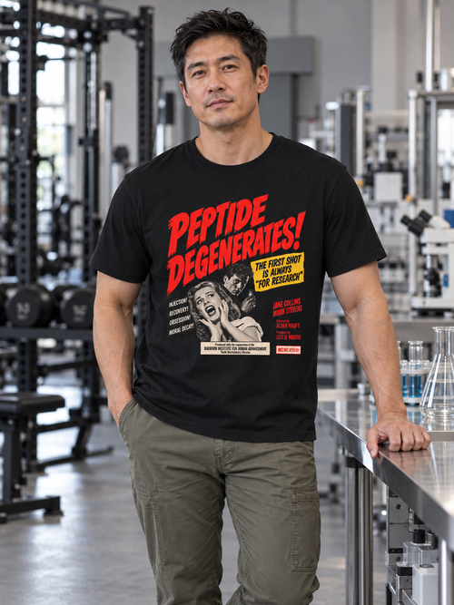 Man wearing black Peptide Degenerates in a laboratory gym | color:Black