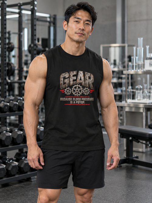 Man wearing black Gear Muscle Tank in a laboratory gym | color:Black