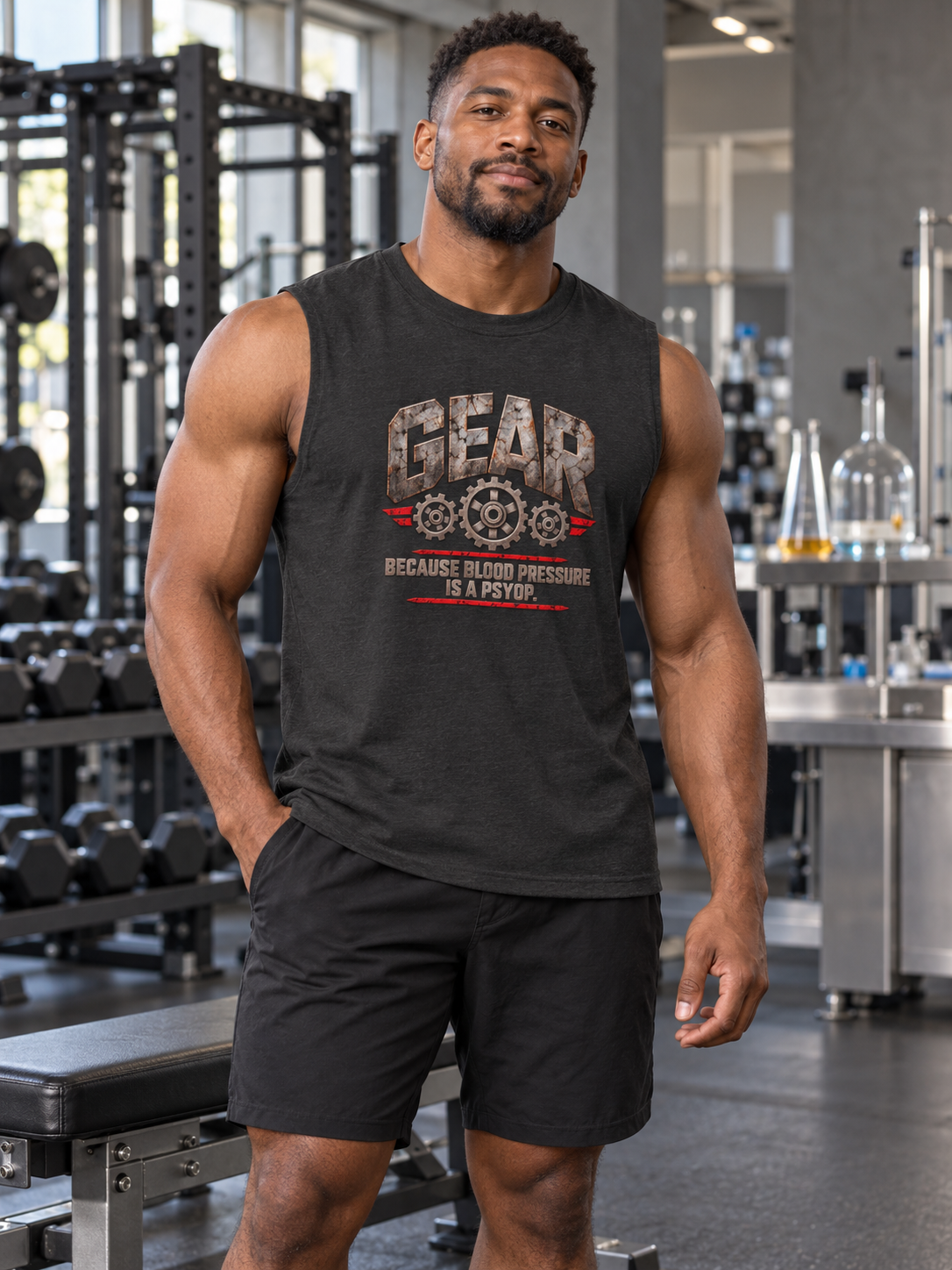 Man wearing dark grey heather Gear Muscle Tank in a laboratory gym | color:Dark_Grey_Heather