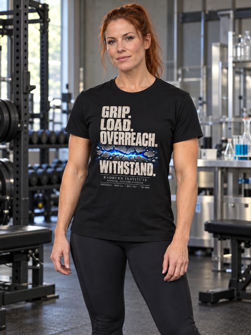 Woman wearing black Withstand. A GLOW T-Shirt in a laboratory gym | color:Black