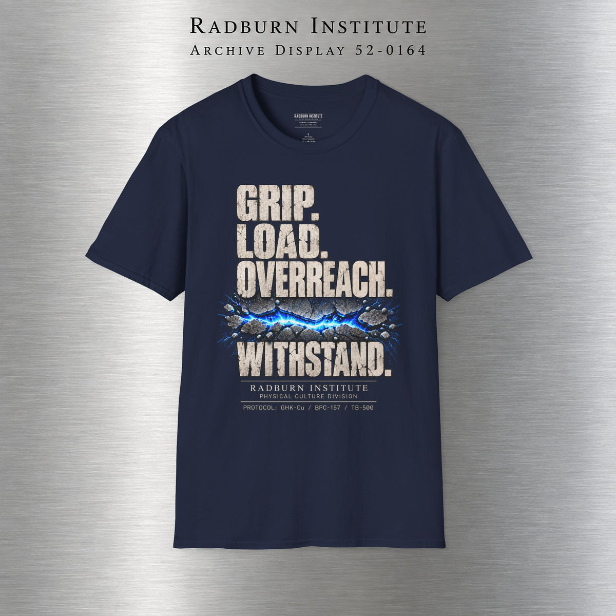 navy Withstand. A GLOW T-Shirt, front view laid flat on a display background | color:Navy