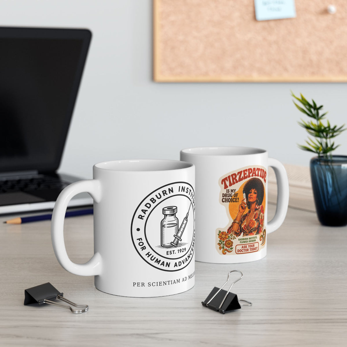 Two white Tirzepatide Mug — No Mustache mugs showing the illustration and seal beside a laptop | color:all