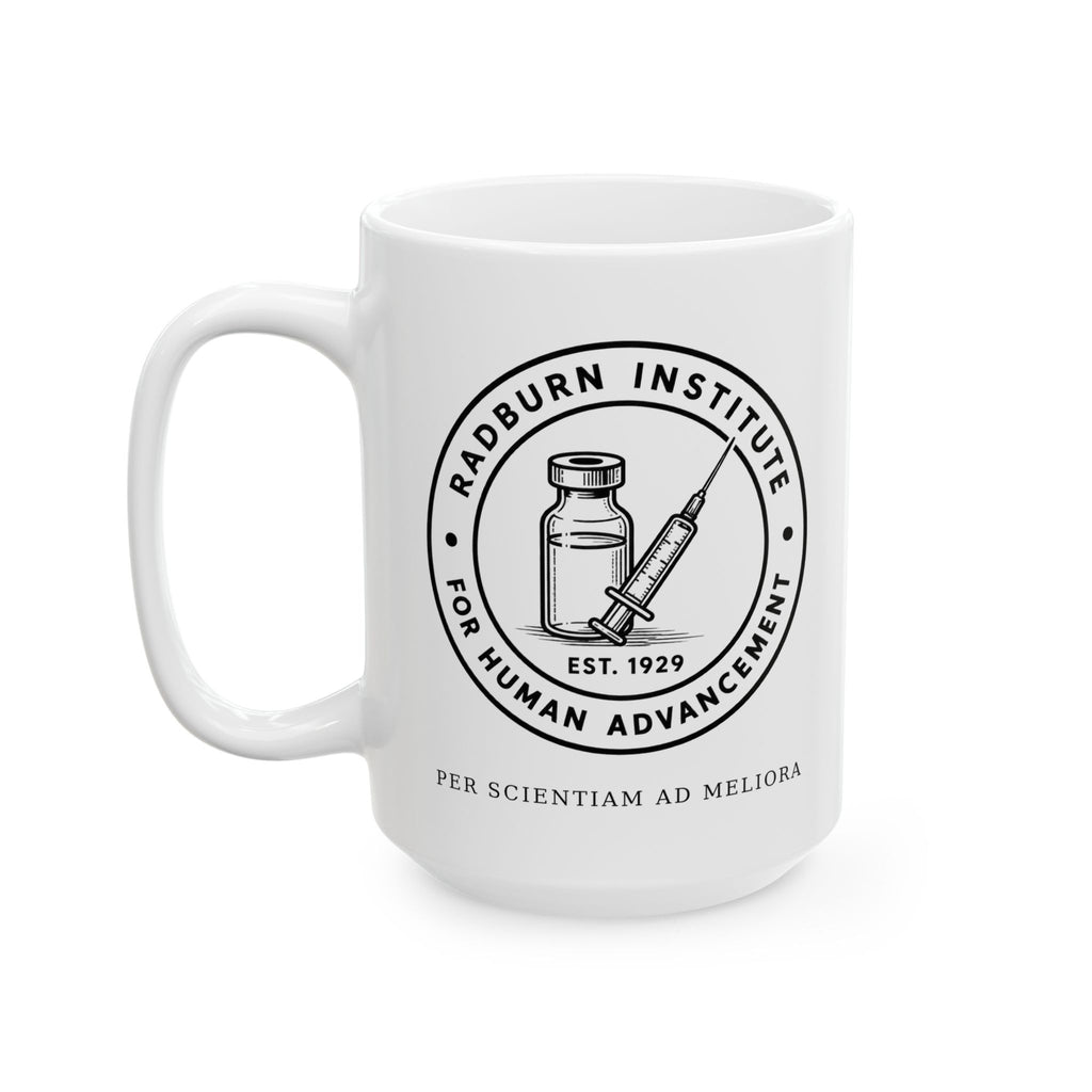 White Tirzepatide Mug — Mustache showing the Radburn seal on the reverse | color:all