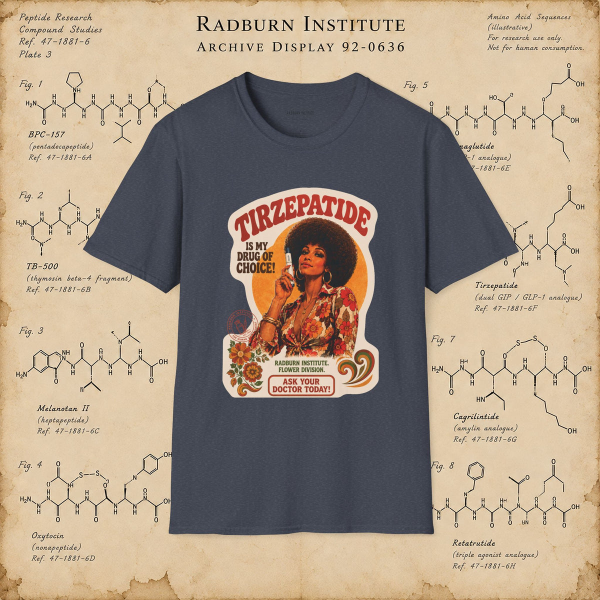 Tirzepatide Test Garment — No Mustache in heather navy, shown in a product or model view | color:Heather_Navy